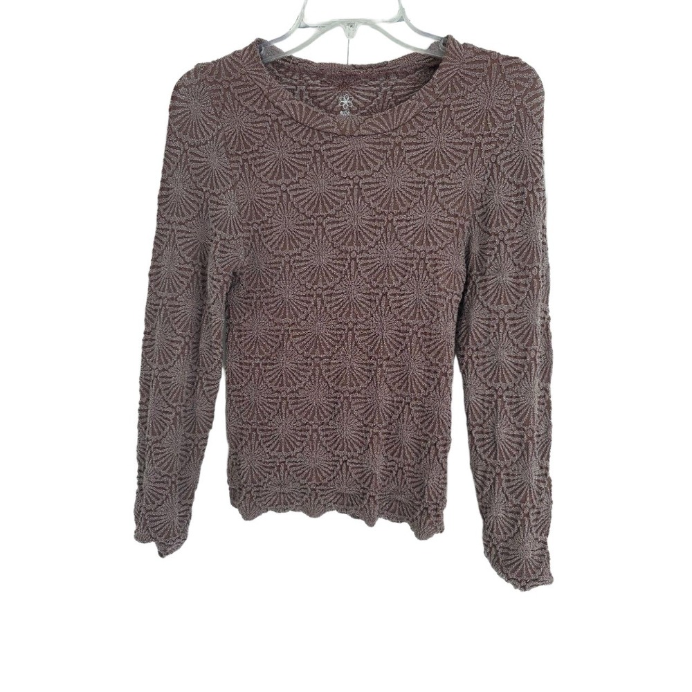 AURA Brown Mauve Textured Knit Crew Neck‎ Long Sleeve Scalloped Hem Sweater LG - Picture 2 of 9
